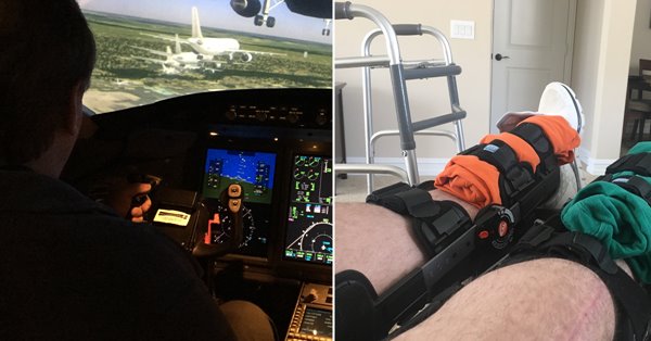 Corporate pilot Michael Wilkie in the cockpit; recovering from double knee replacement surgery