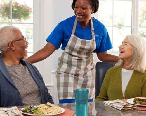 Senior and companion caregiver engaging in conversation and companionship.