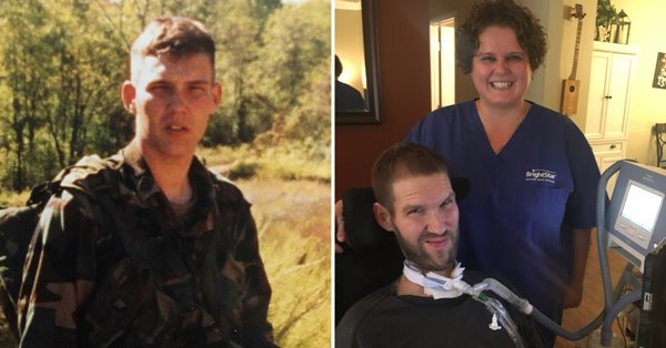 BrightStar Care client Tony in his Army uniform and with his Caregiver De-Anna