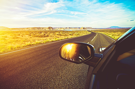 Arizona Scenic Drive. Driving Down the Road During Scenic Summer Sunset. Summer Trip.